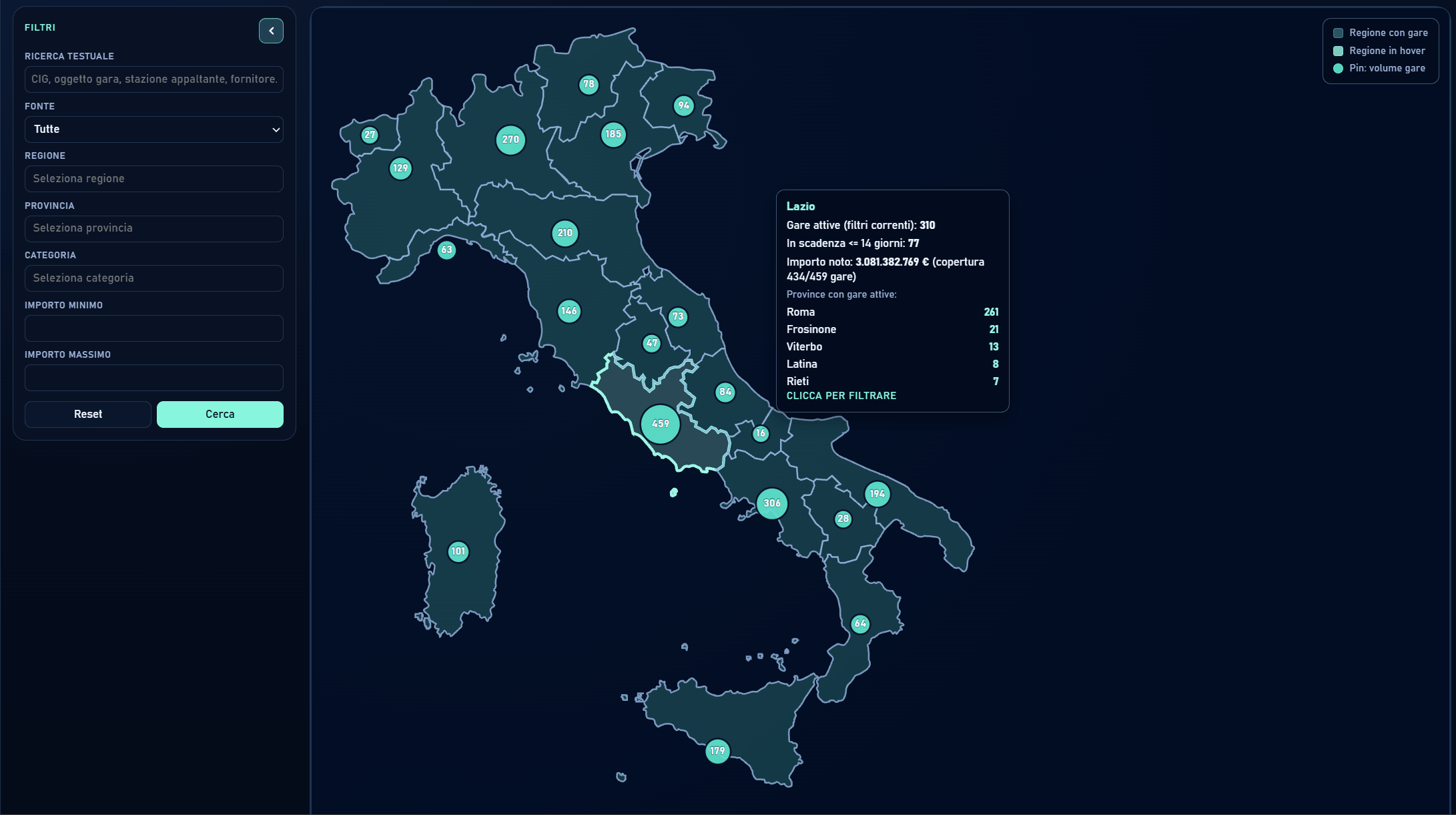 Mappa Italia con dettaglio regionale dei bandi attivi