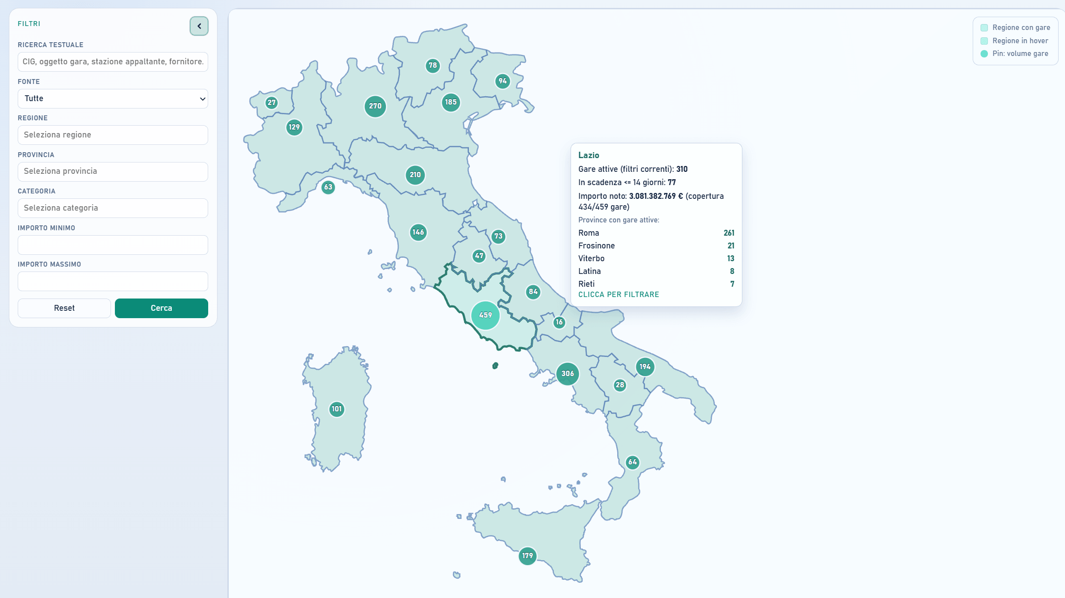 Mappa Italia con dettaglio regionale dei bandi attivi