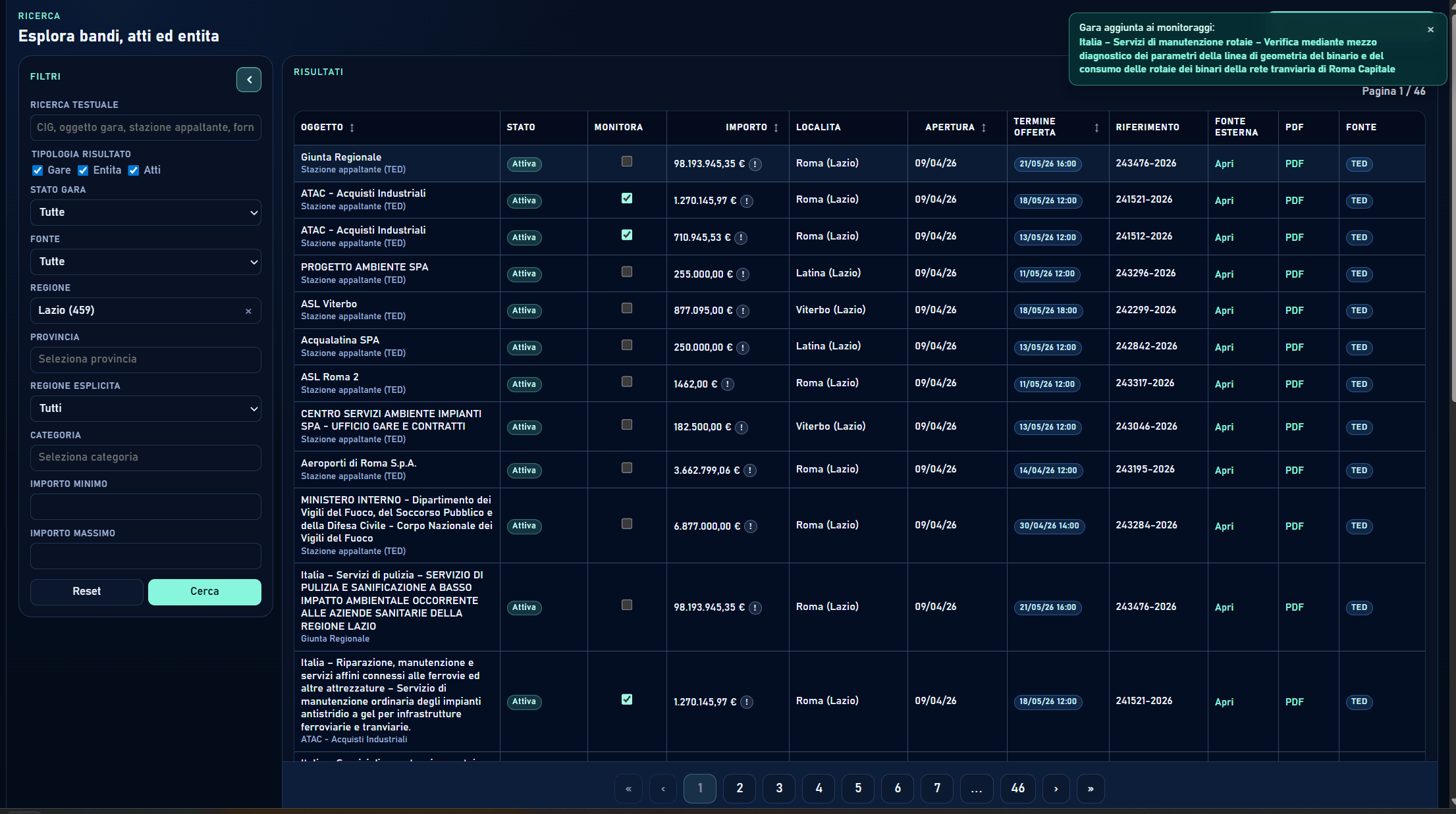 Ricerca bandi in tema scuro e chiaro