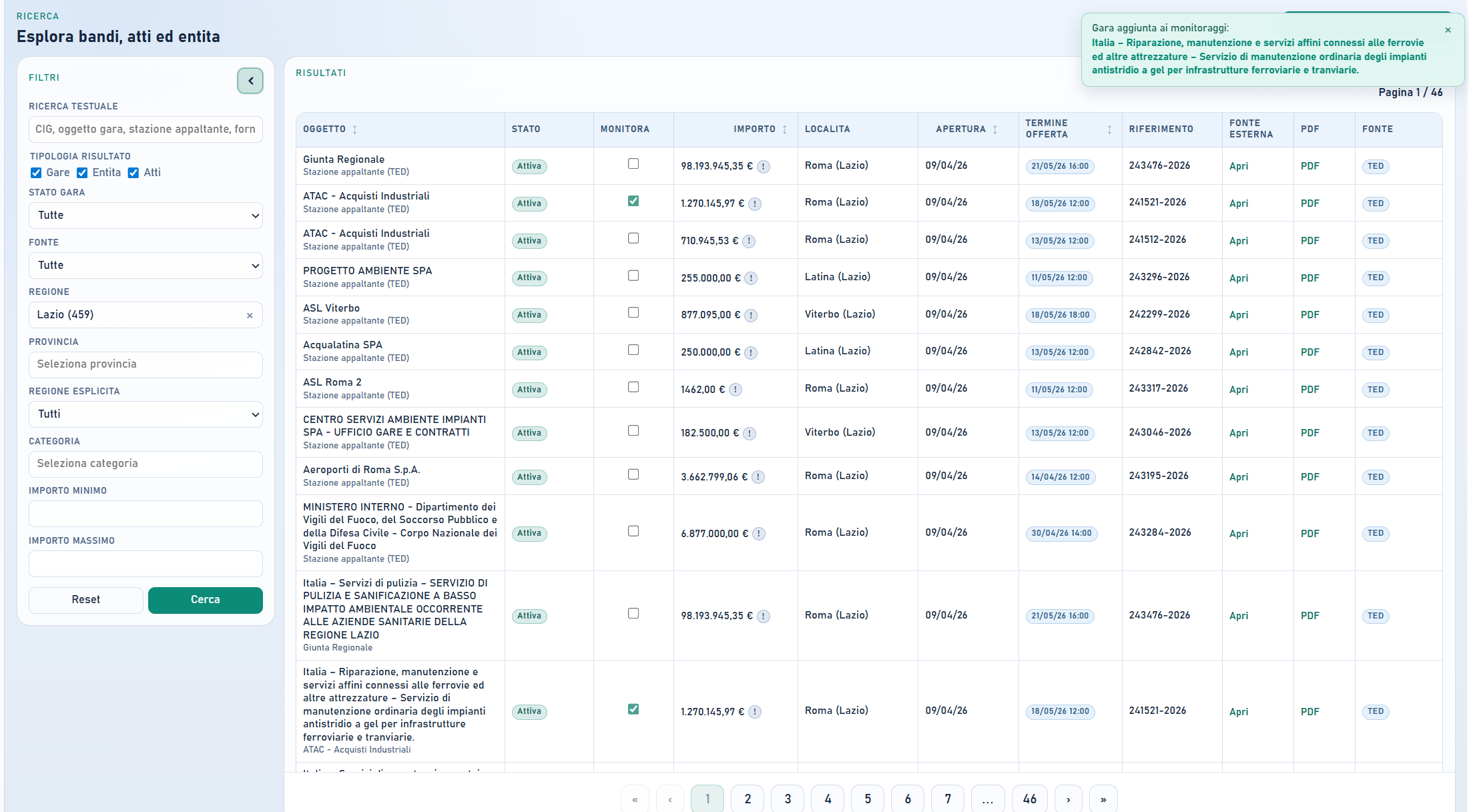 Ricerca bandi in tema scuro e chiaro